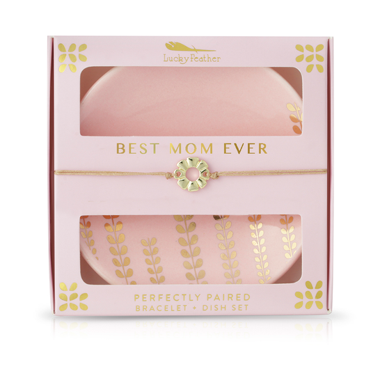 Boxed Lucky Feather 'Best Mom Ever' gift set containing a flower bracelet and decorated dishes.