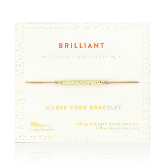 A 'Brilliant' Morse Code Bracelet from Lucky Feather on its packaging.