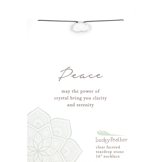 Informational card for a 'Lucky Feather' clear faceted teardrop stone necklace, promoting peace.