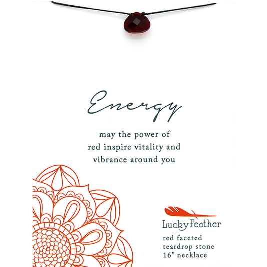 A red teardrop pendant necklace on a display card with the text 'Energy' and 'Lucky Feather'.
