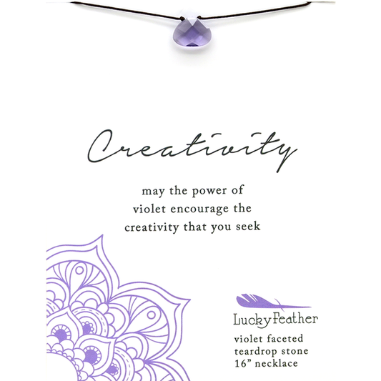 A purple teardrop stone necklace accompanied by the word 'Creativity' and additional text is shown.
