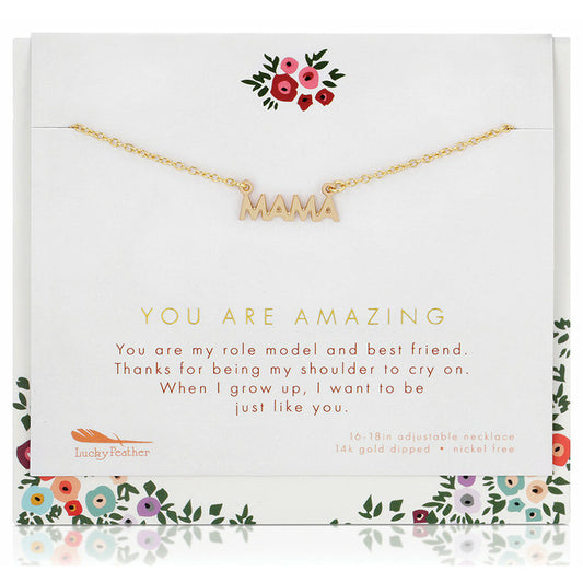 A gold 'Mama' necklace is displayed on a card with floral accents and a message of appreciation.