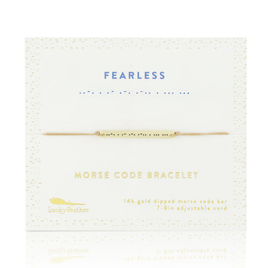 A 'Fearless' morse code bracelet by Lucky Feather is displayed on its packaging.