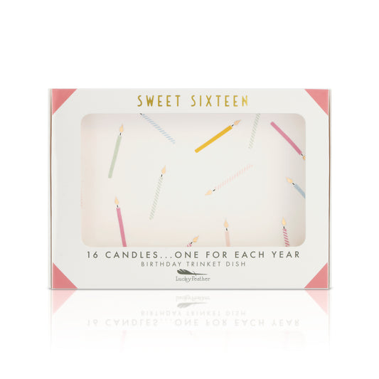 A 'Sweet Sixteen' birthday trinket dish box is displayed.