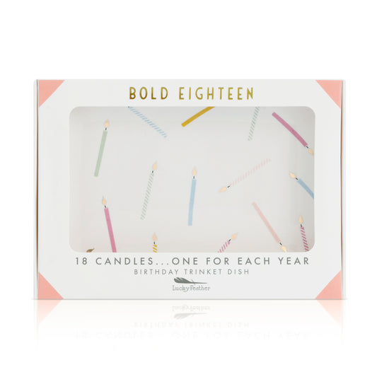 Box for a 'Bold Eighteen' birthday trinket dish with 18 candle illustrations.