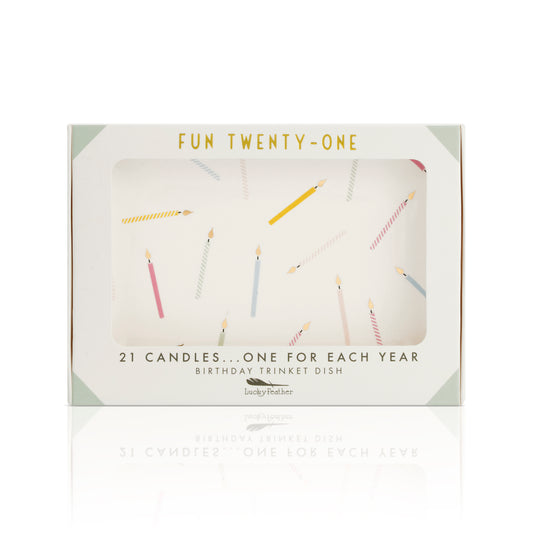 Boxed 'Fun Twenty-One' birthday trinket dish featuring candle designs.