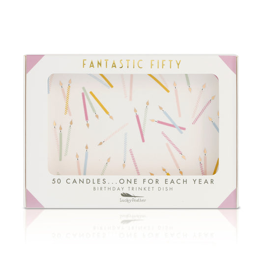 A 'Fantastic Fifty' birthday trinket dish in its original packaging.