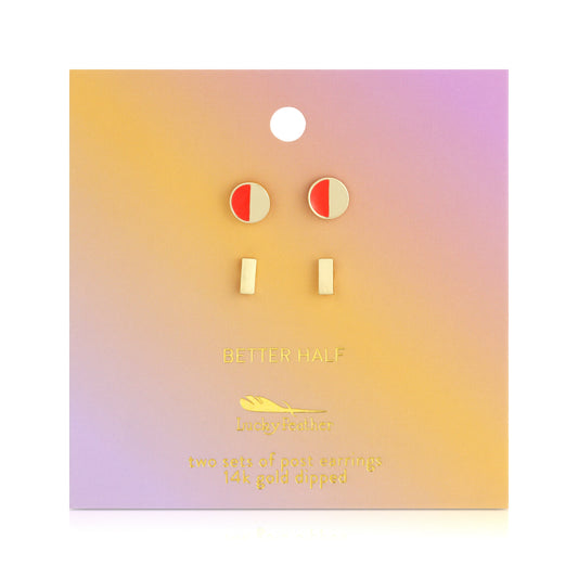 Two sets of post earrings are displayed on a pink, yellow, and orange gradient card.