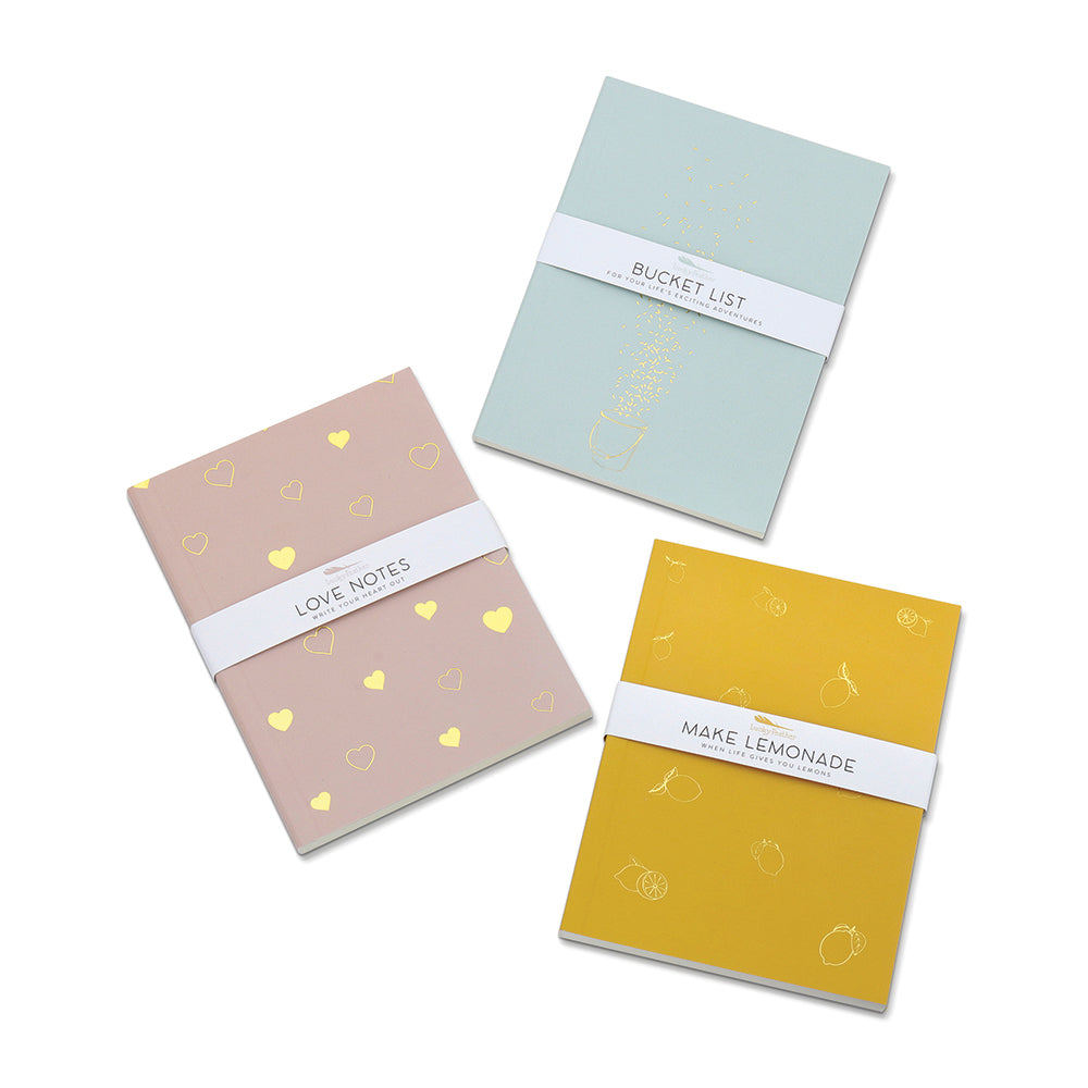 Three decorative notebooks with belly bands are arranged on a white background.
