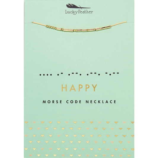 The image shows a 'Lucky Feather' necklace displayed on a mint-colored card with gold lettering and morse code.