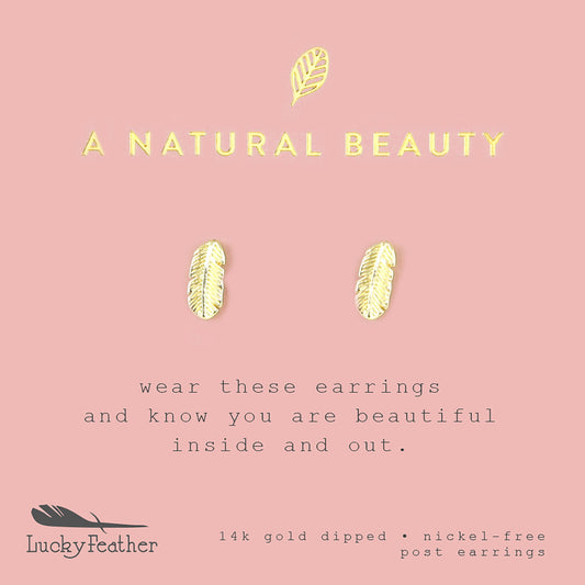 Image promoting 14k gold dipped, nickel-free post earrings from Lucky Feather, with text and feather graphics on a pink background.