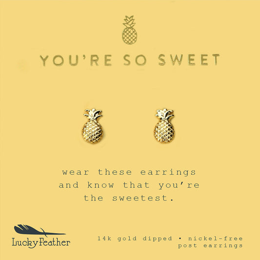 Promotional image for Lucky Feather pineapple stud earrings.