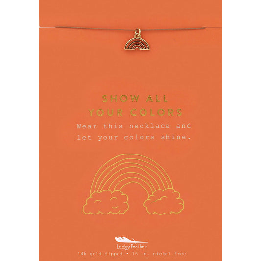 A greeting card displaying a necklace with a rainbow pendant.