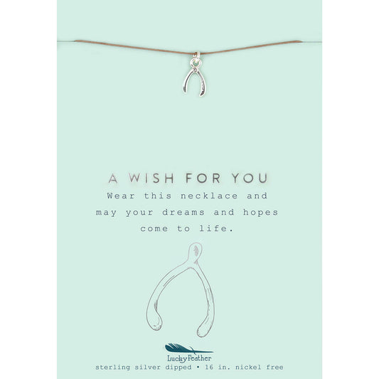 A wishbone pendant necklace on a light blue card.