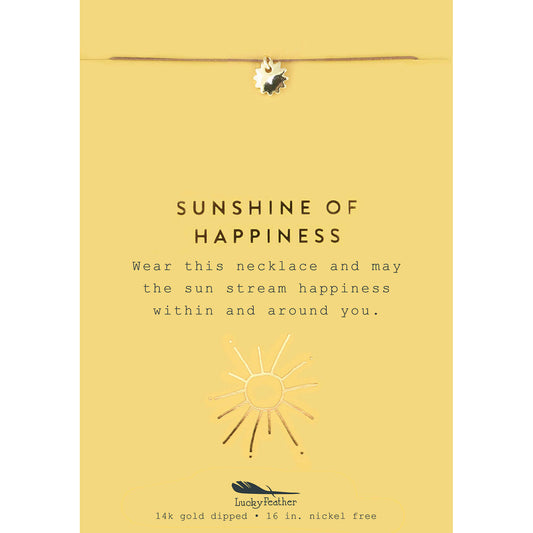 Necklace with sun charms on yellow display card that reads 'Sunshine of Happiness'.