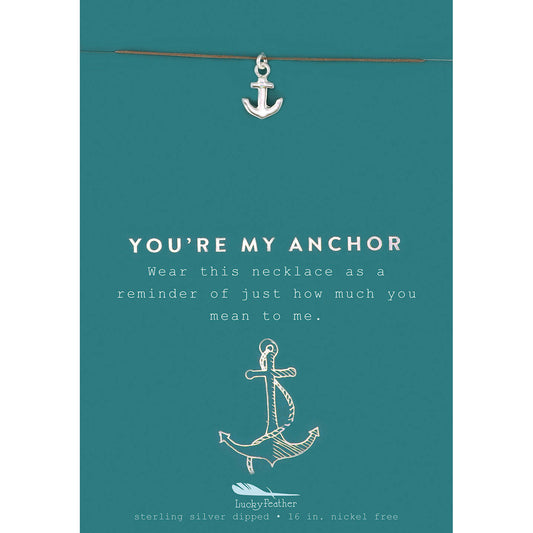 A necklace with an anchor pendant is displayed on a teal card with the text 'YOU'RE MY ANCHOR.'