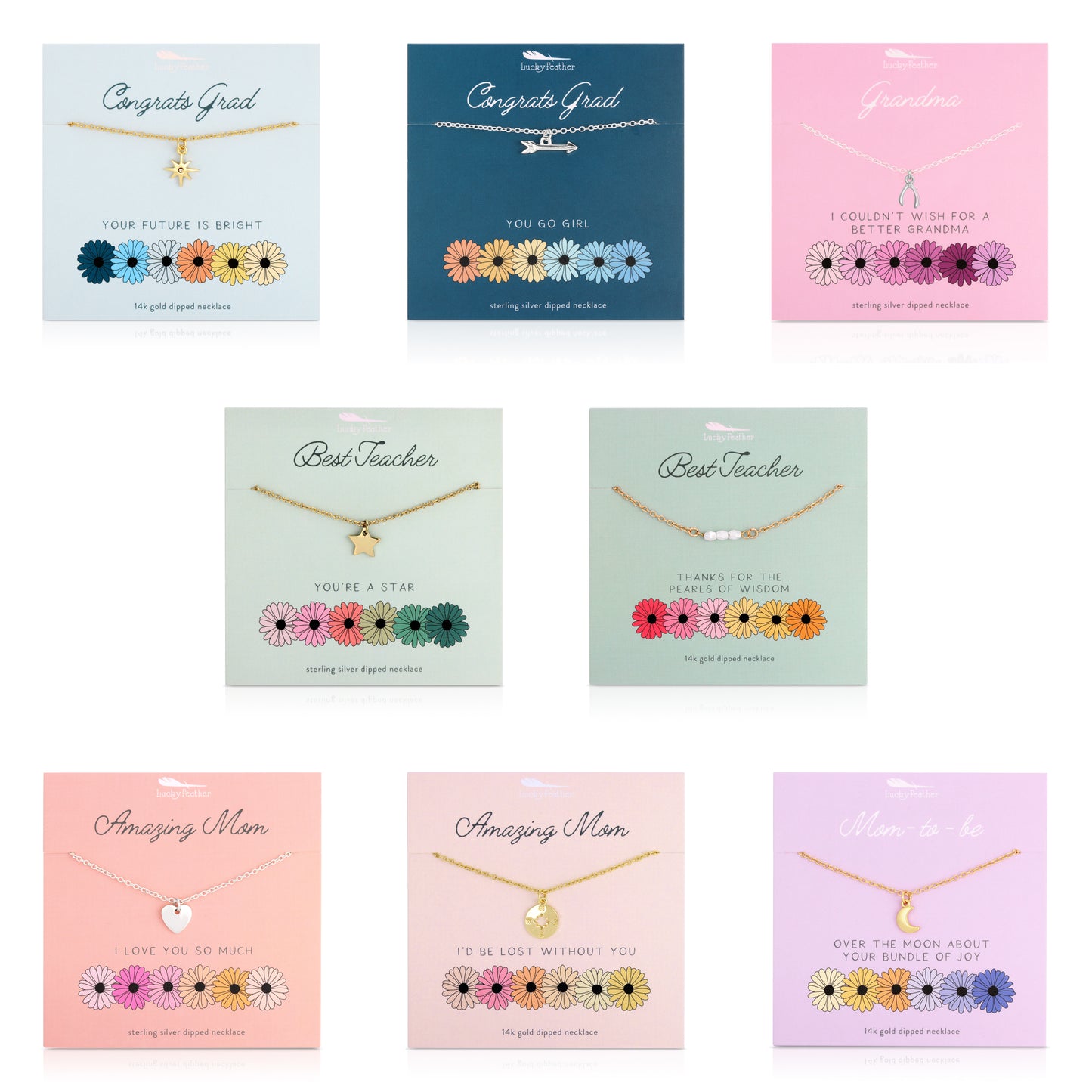 Arrangement of necklaces on cards designed as gifts for various recipients.