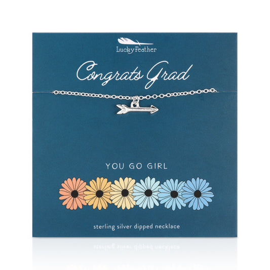 A 'Congrats Grad' gift card displays a sterling silver necklace with an arrow pendant, accompanied by the phrase 'You Go Girl' and colorful daisy illustrations.