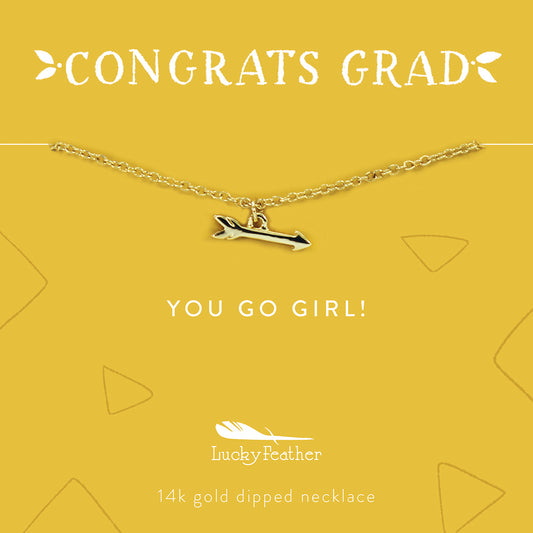 A 14k gold-dipped necklace with an arrow pendant on a yellow card with text 'Congrats Grad' and 'You Go Girl!' from Lucky Feather.