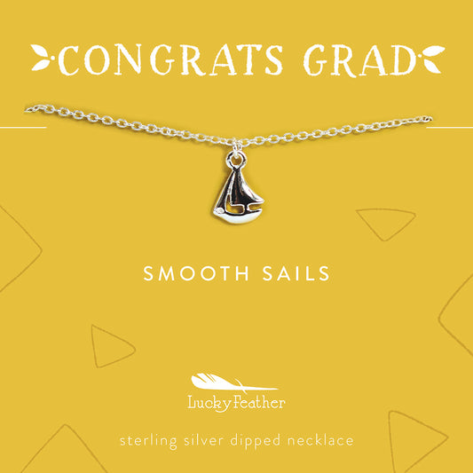 A 'Congrats Grad' card displays a sterling silver-dipped necklace with a sailboat charm on a yellow background.