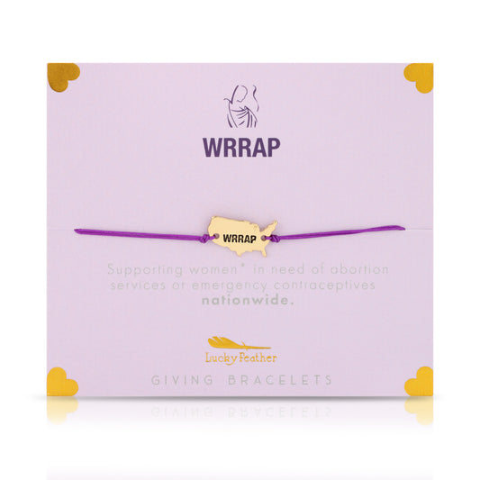 A 'WRRAP' bracelet with a United States-shaped charm on a lavender card with text and yellow heart accents.
